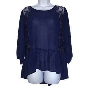 2/$20 Charming Charlie Chiffon & Lace Ruffle Navy Top L